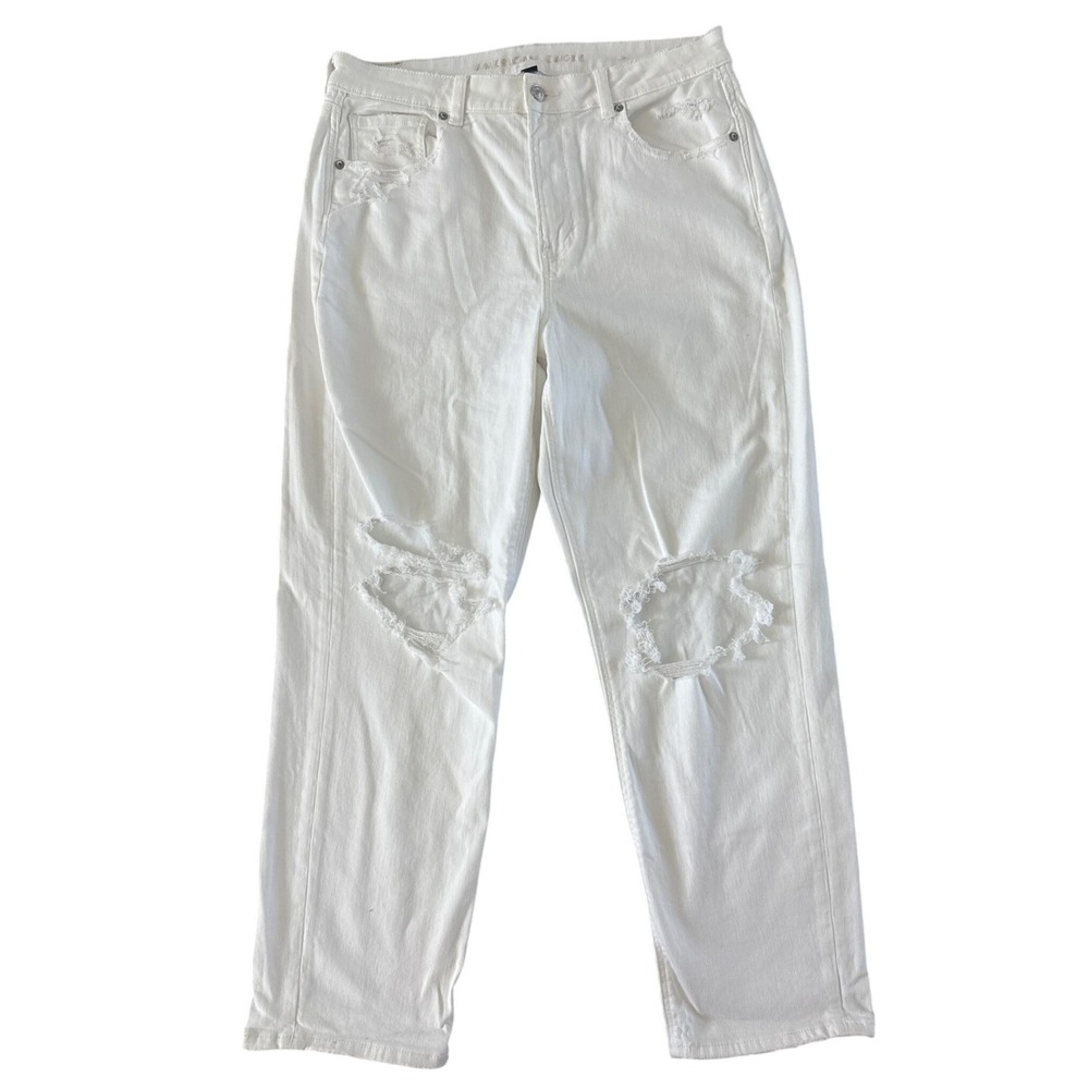 American Eagle Mom Straight Jeans Womens 14 Bright White Distressed‎ NWOT - Picture 2 of 12